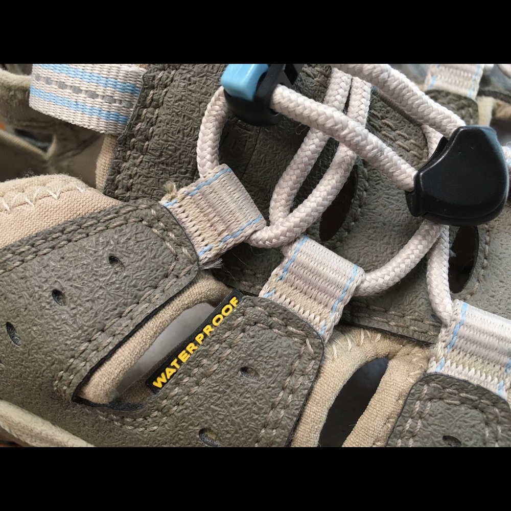 KEENFOOT 6.5 gray/tan/aqua color combo. Waterproof hiking sandals. Grip soles. - Picture 5 of 6